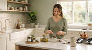 Woman preparing herbal tea in a bright minimalist kitchen