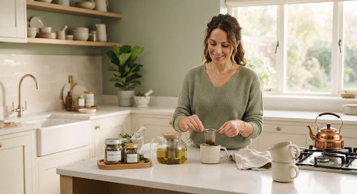 Woman preparing herbal tea in a bright minimalist kitchen